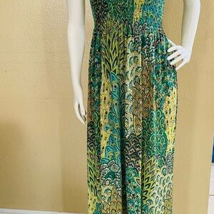 Papillon Blanc Vibrant Green and Yellow Maxi Dress